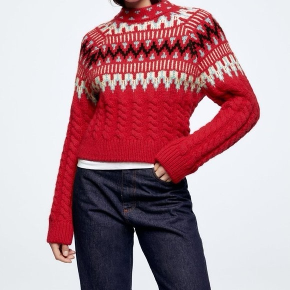 Zara Red and White Patterned Sweater